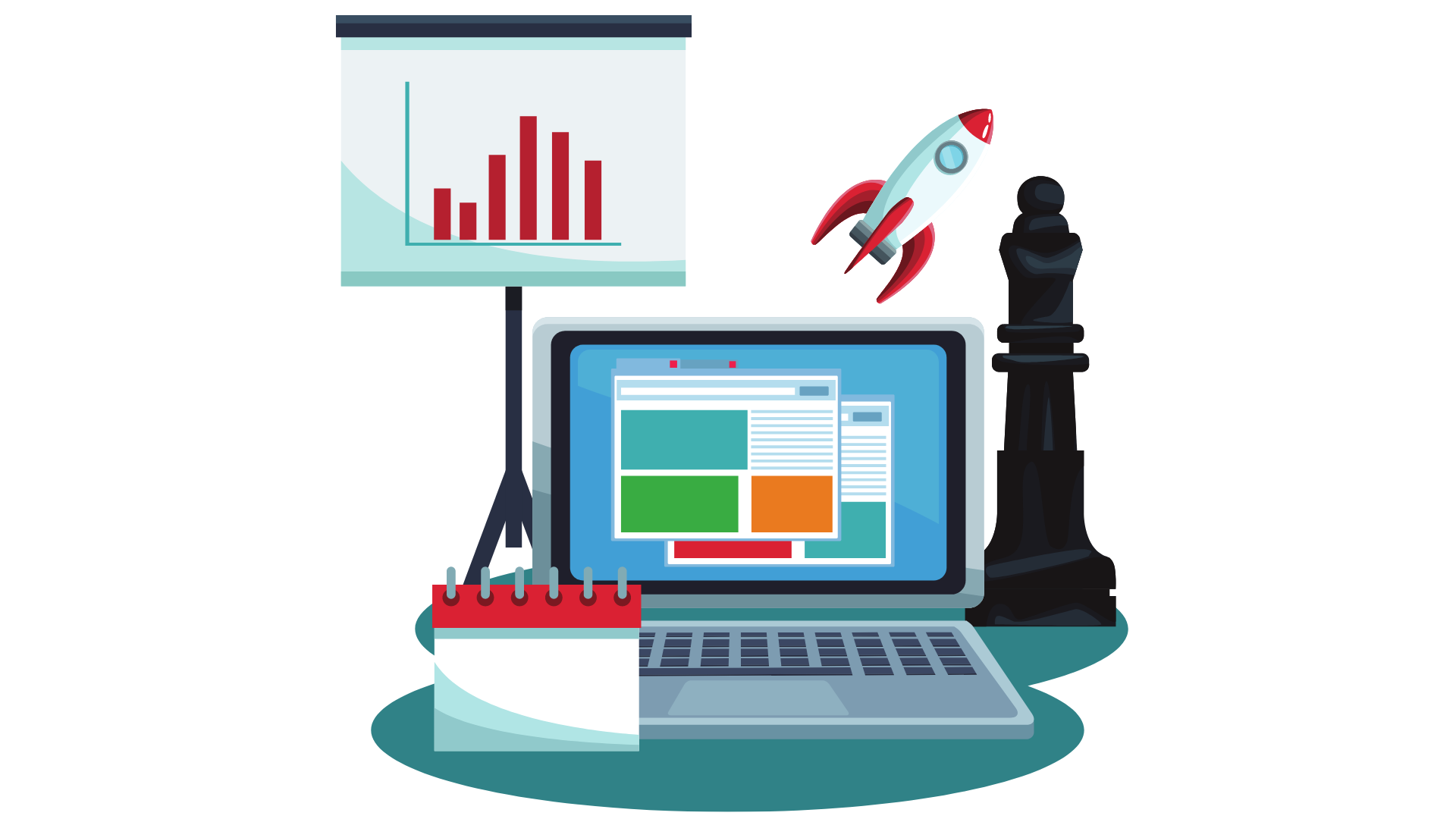 Graphic illustration of a laptop with a whiteboard, notebook, chess piece and rocket ship.